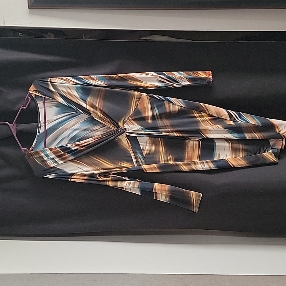 Brown/green/black faux wrap dress 1X